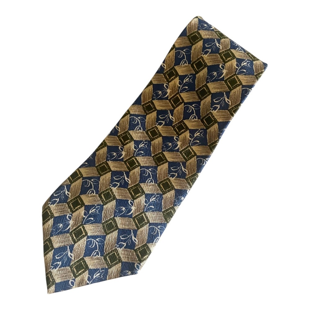 Isaac Zelcer Silk Tie Wide Blue Beige Floral Geometric‎ Italian Silk Made in USA
